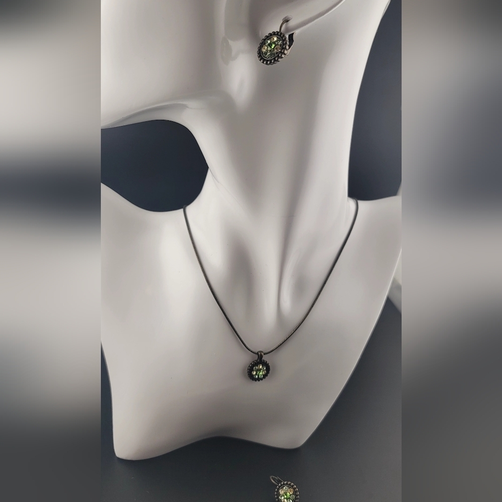 Lia Sophia Seafoam Antique Gold Tone Green Crystals Drop Necklace & Earrings Set